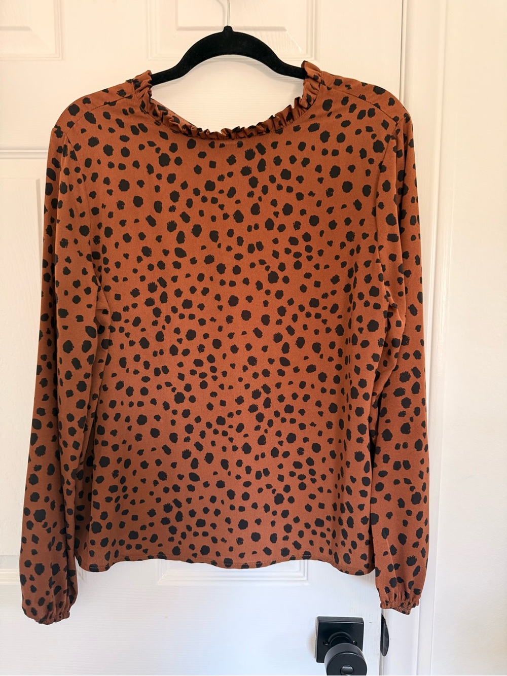 SHEIN Rust Brown Long-Sleeve Ruffle-Neck Top with Black Spot Print